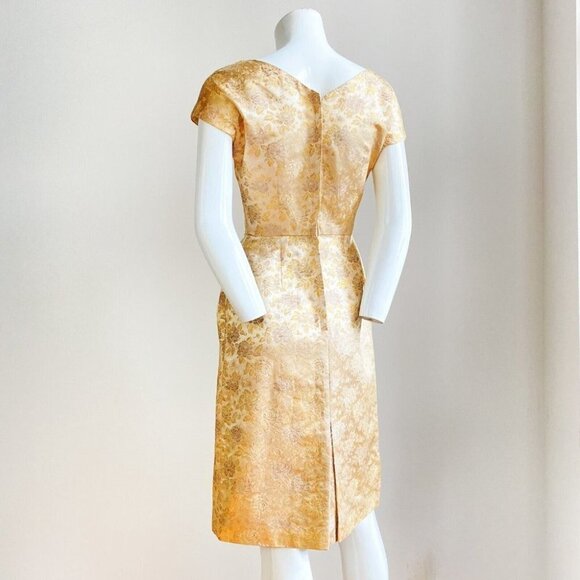 Vintage 50s 60s Gold Brocade Floral Short Sleeve Dress S - Picture 6 of 8